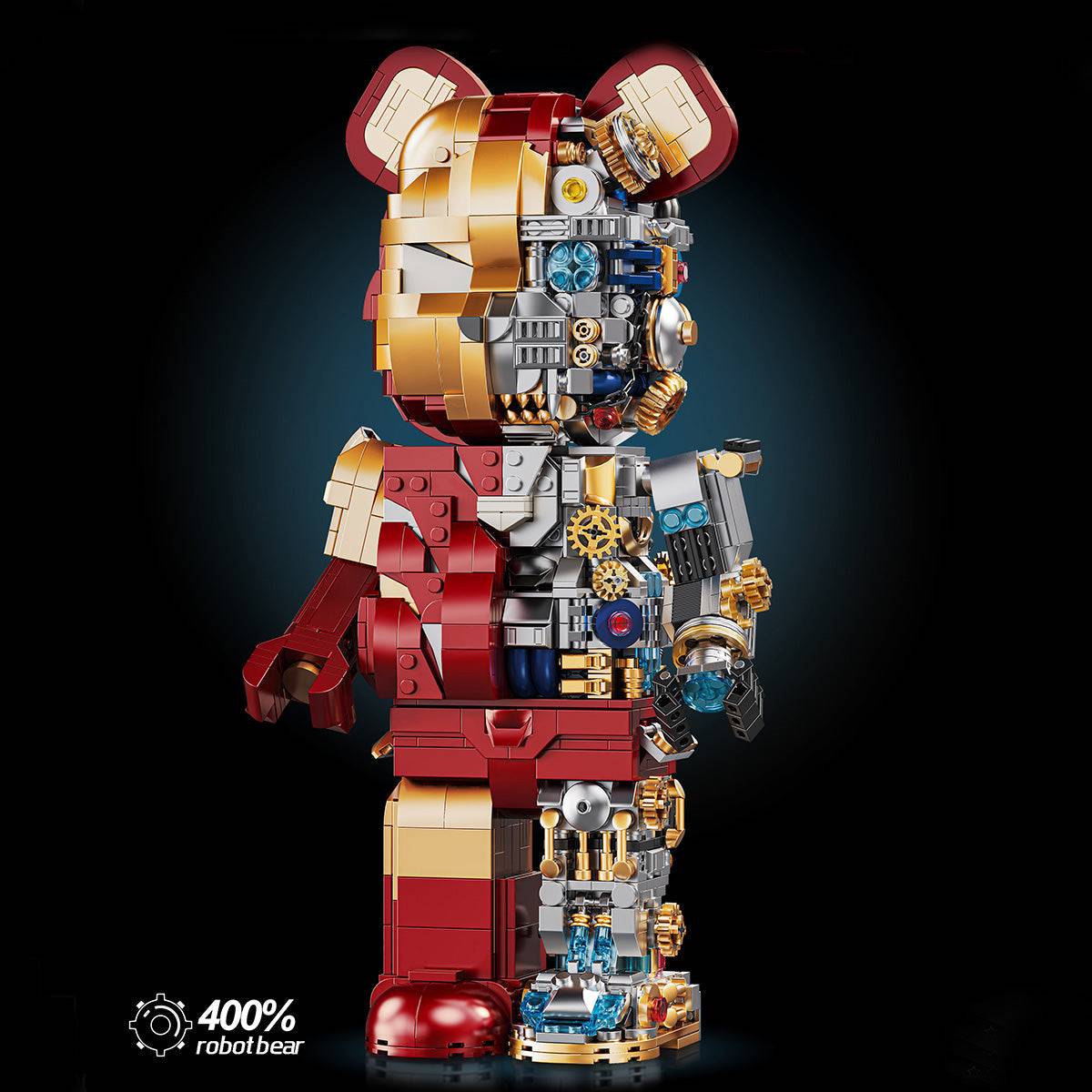 Wangao Robot Bear Brick in red and gold armor design, featuring mechanical gears and robotic elements. Ideal for building block toy collectors.